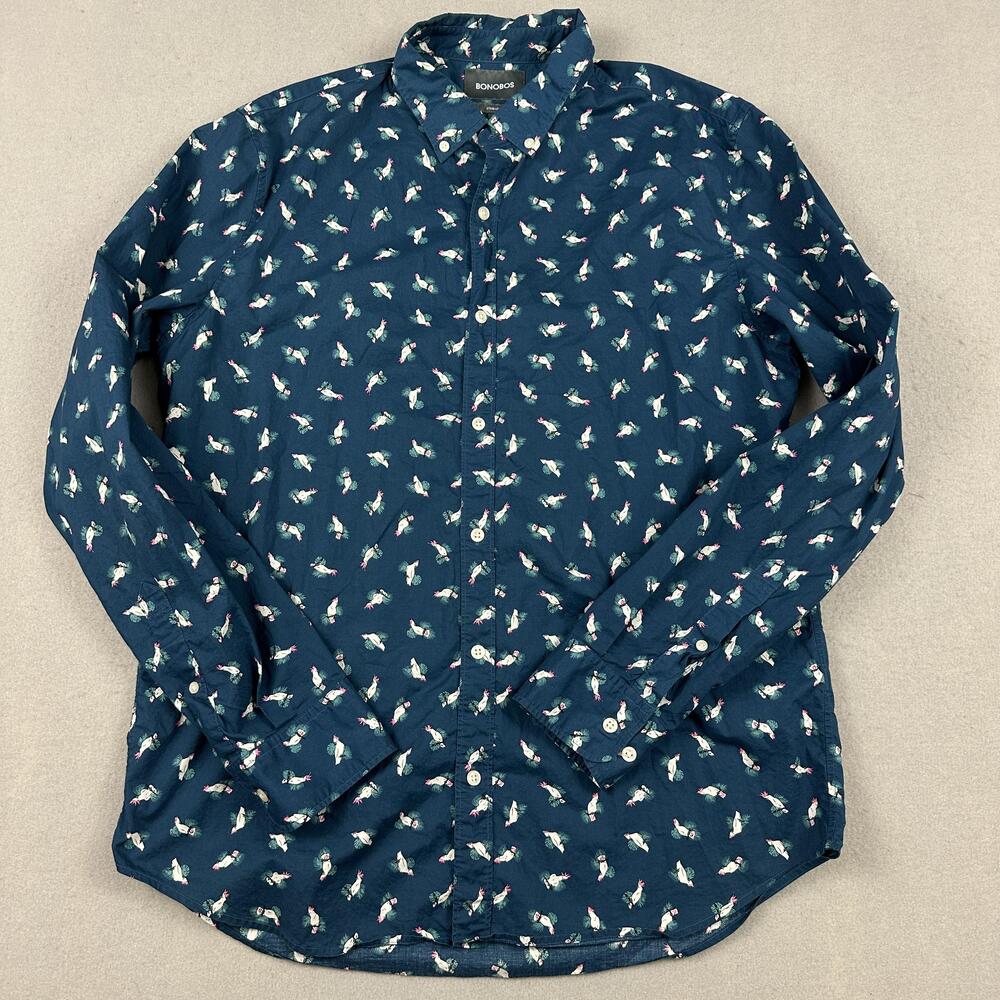 Bonobos Shirt Mens Large Tall Blue Bird Print Long Sleeve Standard Fit Button Up